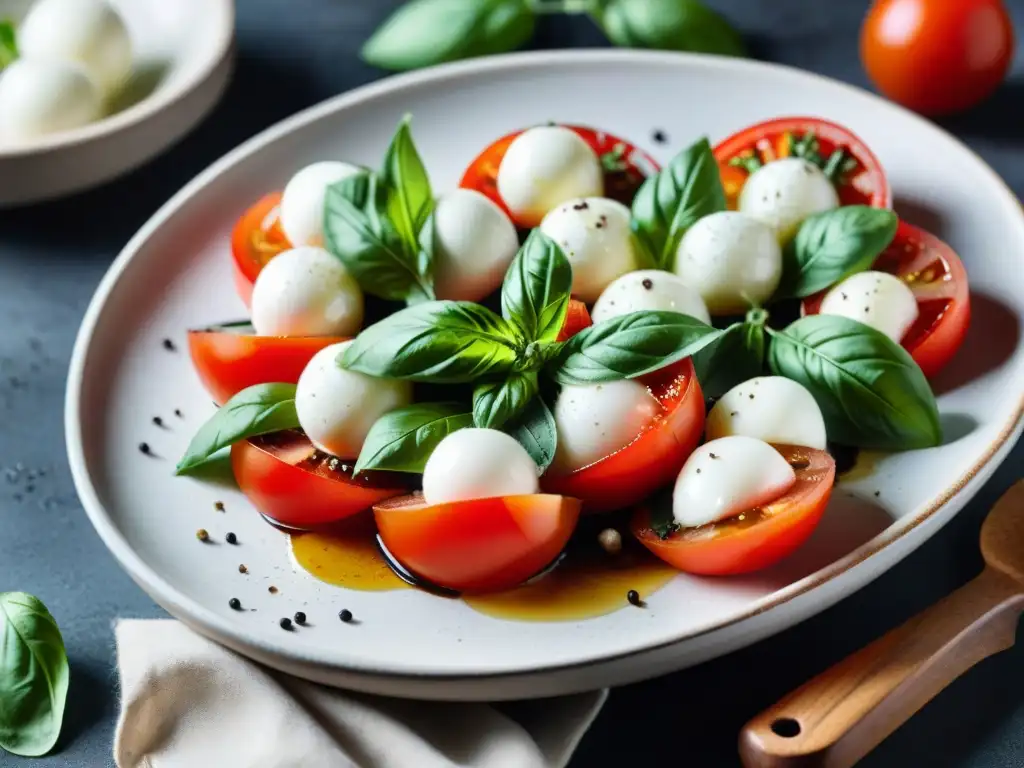 Una mesa rústica con ingredientes de Ensalada Caprese receta tradicional: tomates rojos, albahaca, mozzarella, glaseado balsámico, sal y pimienta