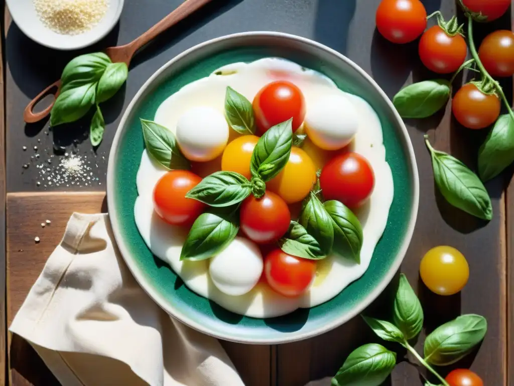 Una mesa rústica con ingredientes frescos para una Ensalada Caprese tradicional