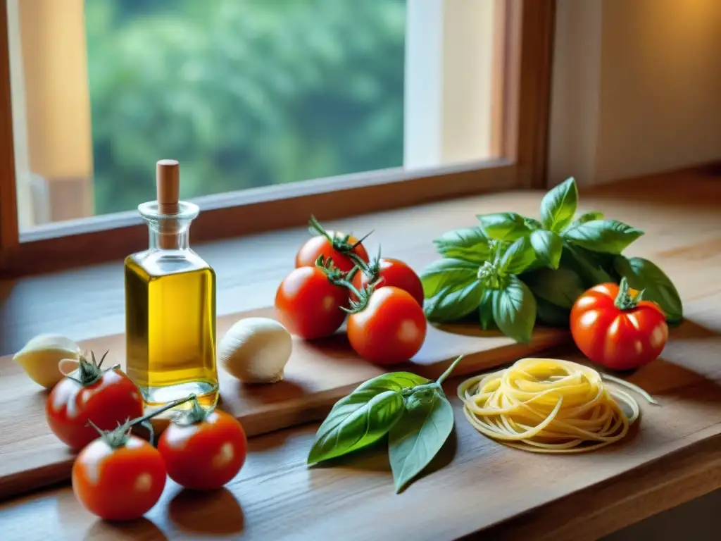 Una mesa rústica con ingredientes frescos de la cocina italiana: tomates, albahaca, ajo, pasta, aceite de oliva y queso parmesano