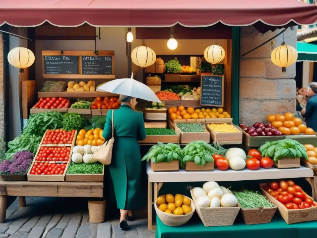 Una mesa rústica con ingredientes frescos en un bullicioso mercado italiano