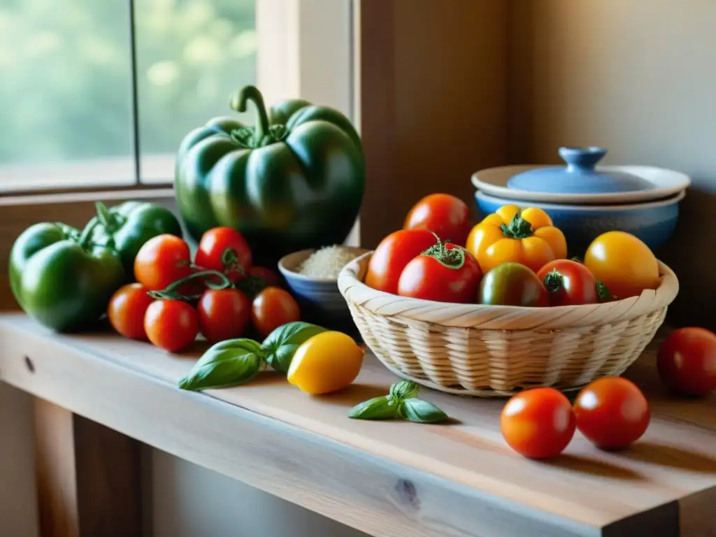 Una mesa rústica con ingredientes frescos: tomates maduros, albahaca, ajos y pimientos