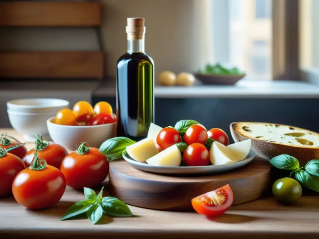 Una mesa rústica con ingredientes frescos de cocina italiana: tomates, albahaca, queso parmesano, aceite de oliva y vinagre balsámico