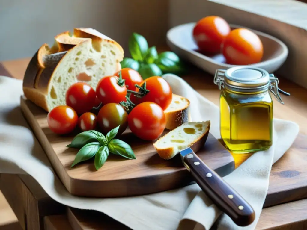 Una mesa rústica con ingredientes italianos para bruschetta: tomates, albahaca, ajo, aceite de oliva, pan rústico