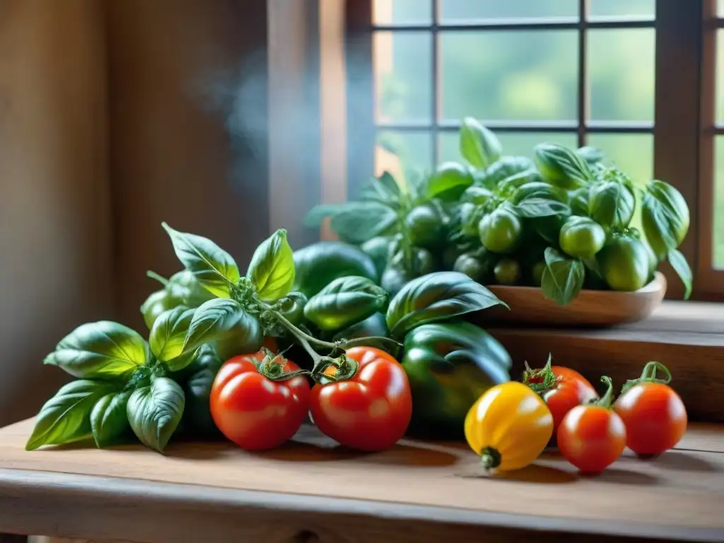 Una mesa rústica con ingredientes italianos frescos, como tomates, albahaca, ajo y pimientos, iluminados por luz natural