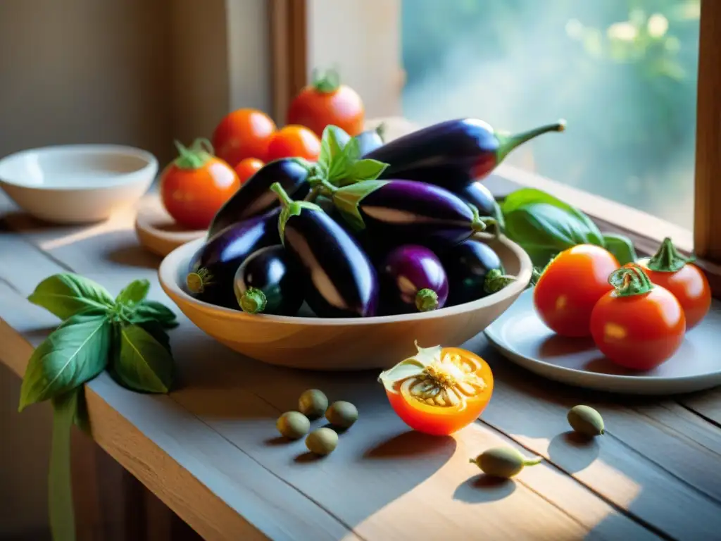 Una mesa rústica con ingredientes sicilianos vibrantes para la receta caponata siciliana vegetariana, bañados por la cálida luz del sol