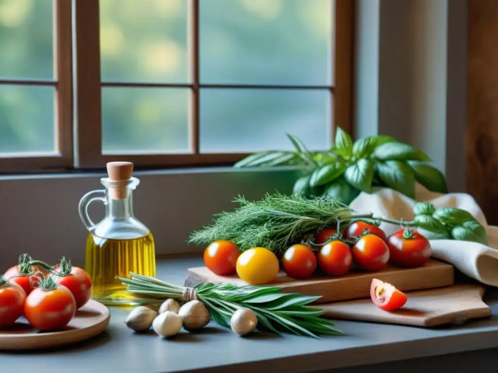 Una mesa rústica italiana con ingredientes tradicionales, como espelta italiana, tomates y aceite de oliva, creando una atmósfera cálida y acogedora