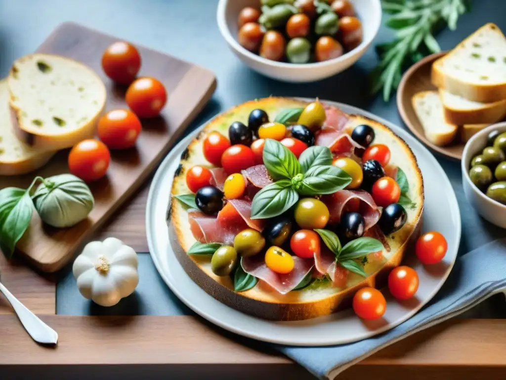 Una mesa rústica italiana llena de antipasti tradicionales y modernos, iluminada por luz natural