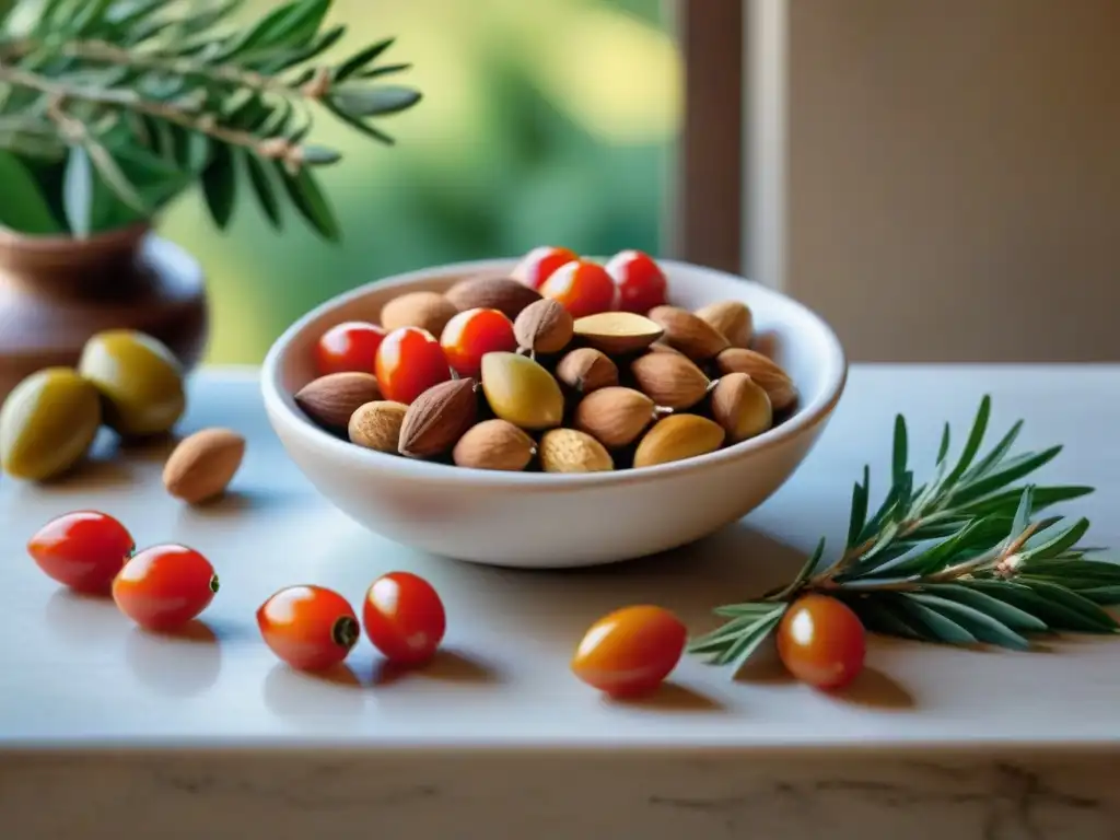 Una mesa rústica italiana rebosante de ingredientes mediterráneos, destacando almendras amargas italianas