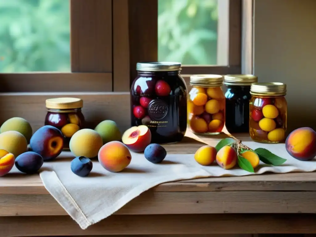 Una mesa rústica italiana rebosante de frutas frescas y conservas caseras, bañada por la luz del sol