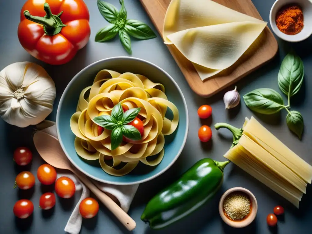 Deliciosa mesa de cocina italiana con pasta casera y aromas frescos Una mesa rústica italiana repleta de pasta casera rodeada de ingredientes frescos y utensilios vintage