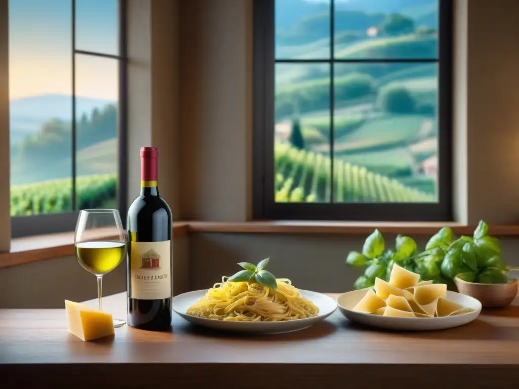 Una mesa rústica italiana con vinos y pasta, maridaje vino italiano pasta perfecto