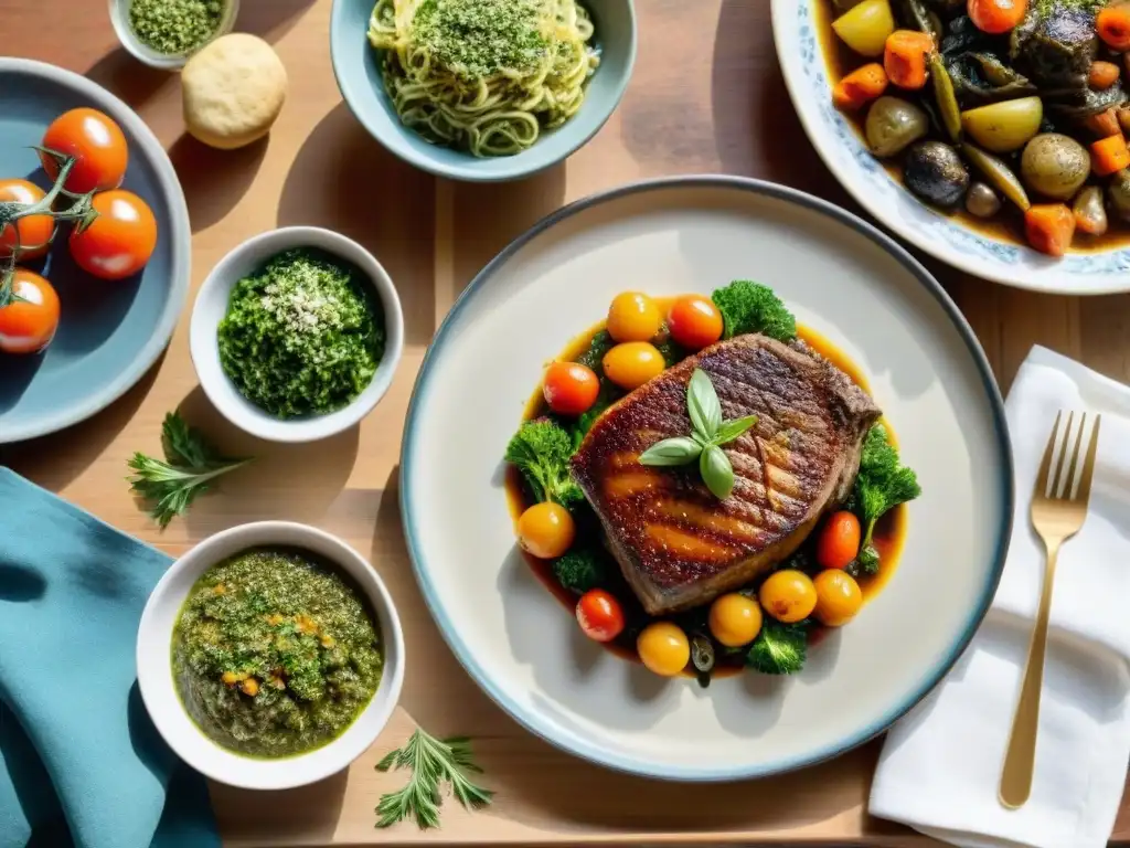 Una mesa rústica con Osso Buco italiano rodeado de vegetales asados y hierbas frescas