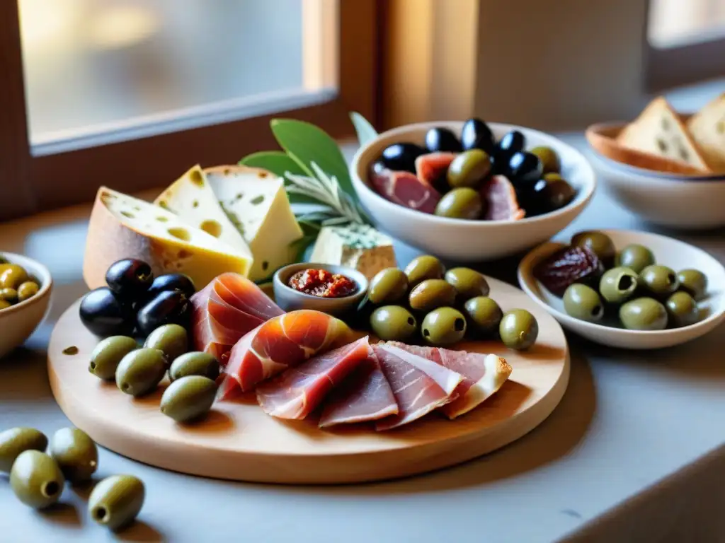 Una mesa rústica con antipasti italianos como aceitunas, embutidos, quesos, tomates secos y pan crujiente