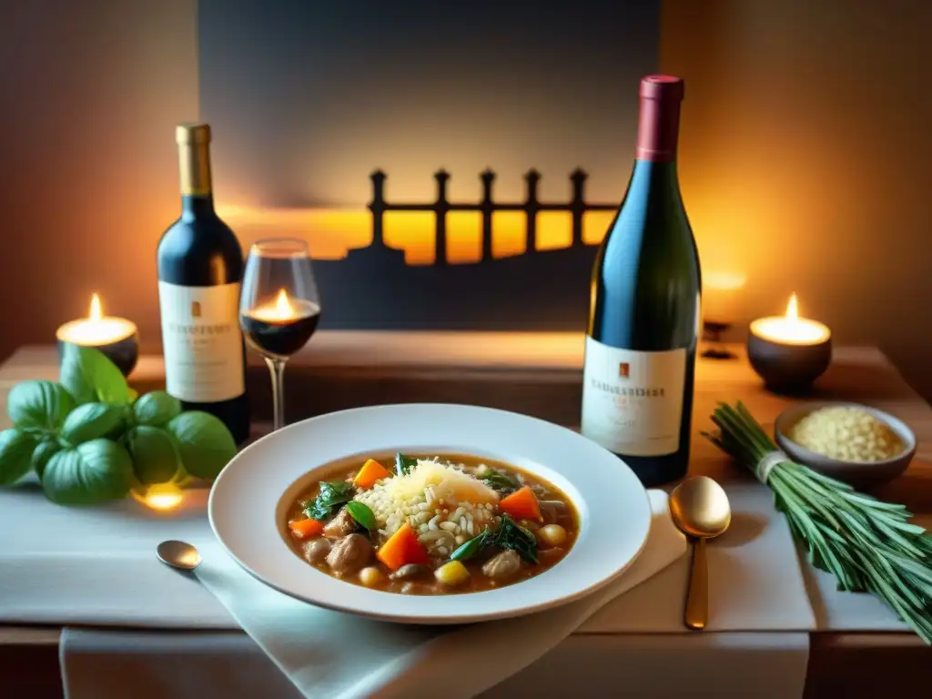 Una mesa rústica lista para un acogedor banquete italiano con maridaje de vinos, sopas y guisos