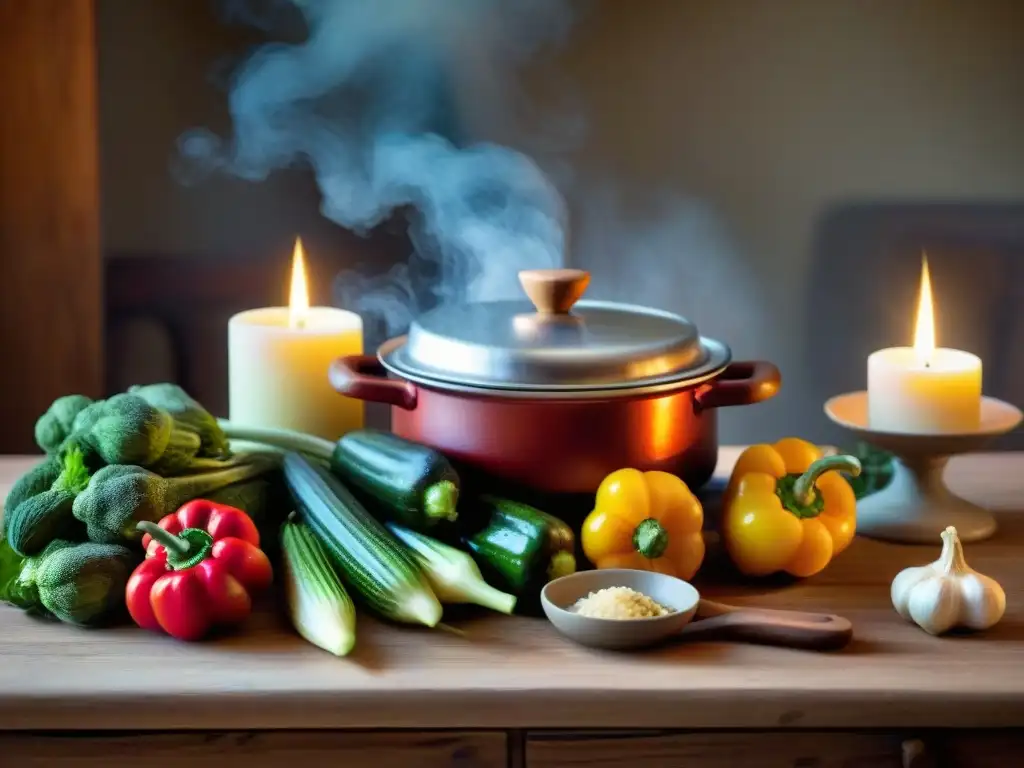 Mesa rústica lista para una cena italiana, con Receta tradicional Bagna Càuda y verduras coloridas