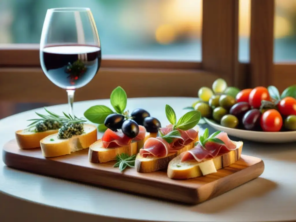 Una mesa rústica llena de aperitivos italianos y vinos, destacando el maridaje vinos aperitivo italiano