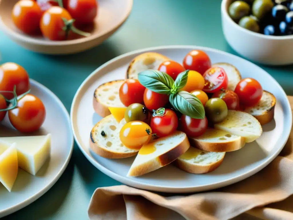 Una mesa rústica llena de aperitivos isleños de cocina italiana bajo la cálida luz del sol