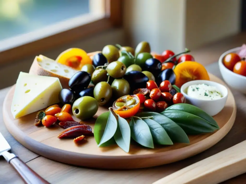 Una mesa rústica llena de coloridos antipasti italianos como aceitunas, mozzarella, tomates secos, prosciutto, pimientos y pan crujiente