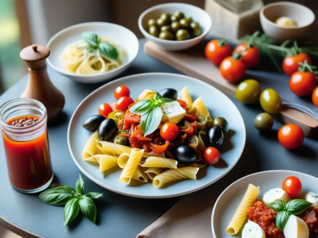 Una mesa rústica llena de coloridos platos italianos en una cocina acogedora