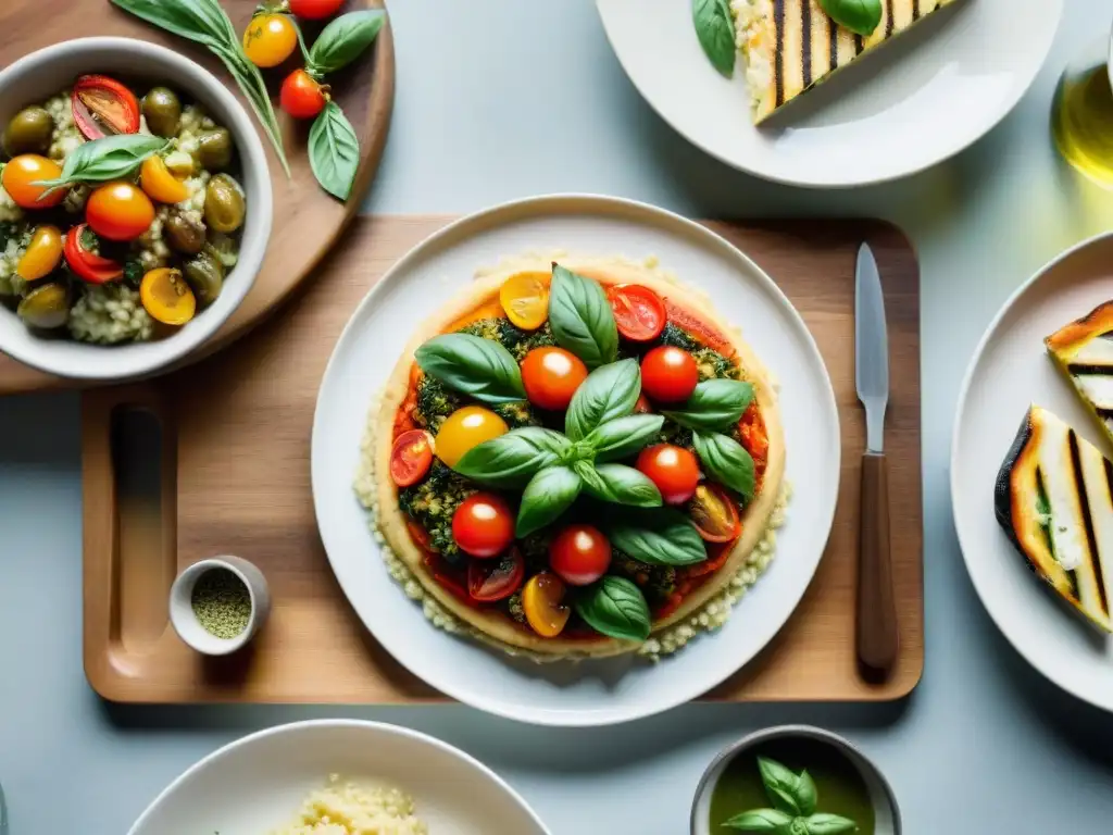 Una mesa rústica llena de delicias vegetarianas italianas creativas en un ambiente vibrante y apetitoso