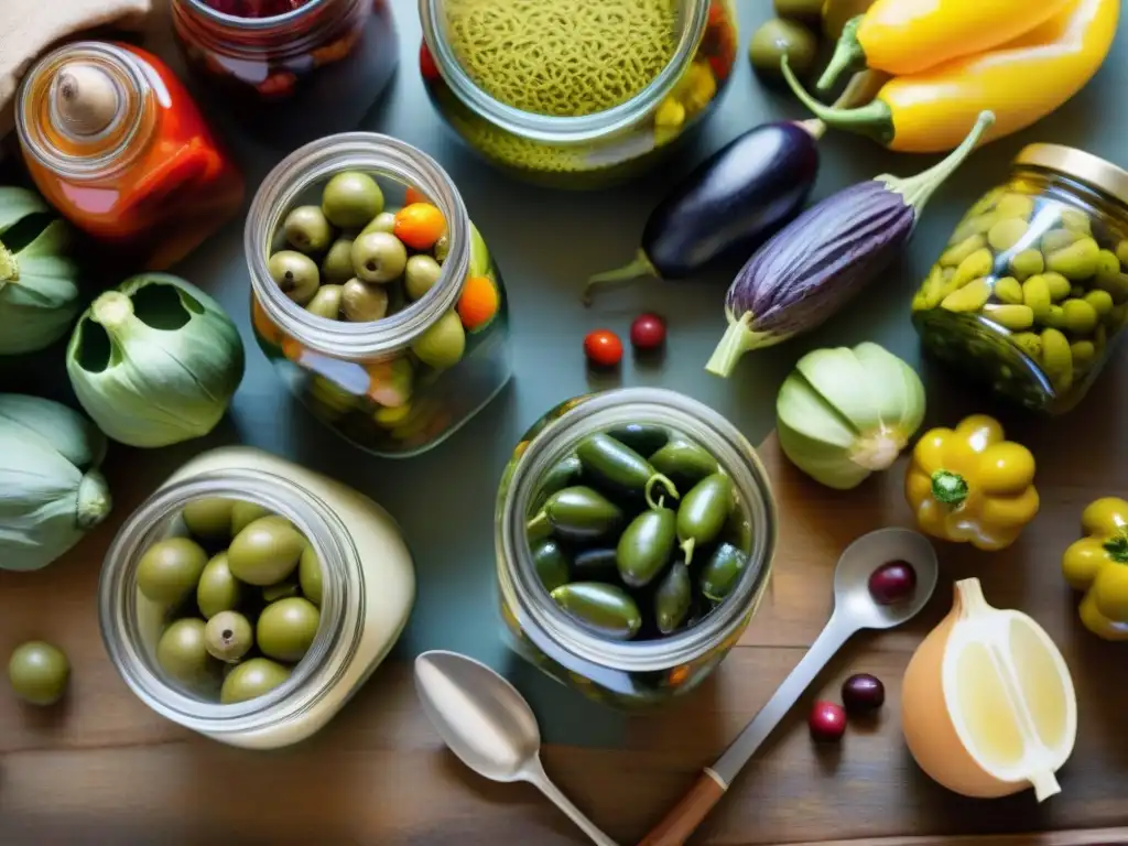 Una mesa rústica llena de frascos coloridos con fermentación de verduras estilo italiano, iluminados por luz natural