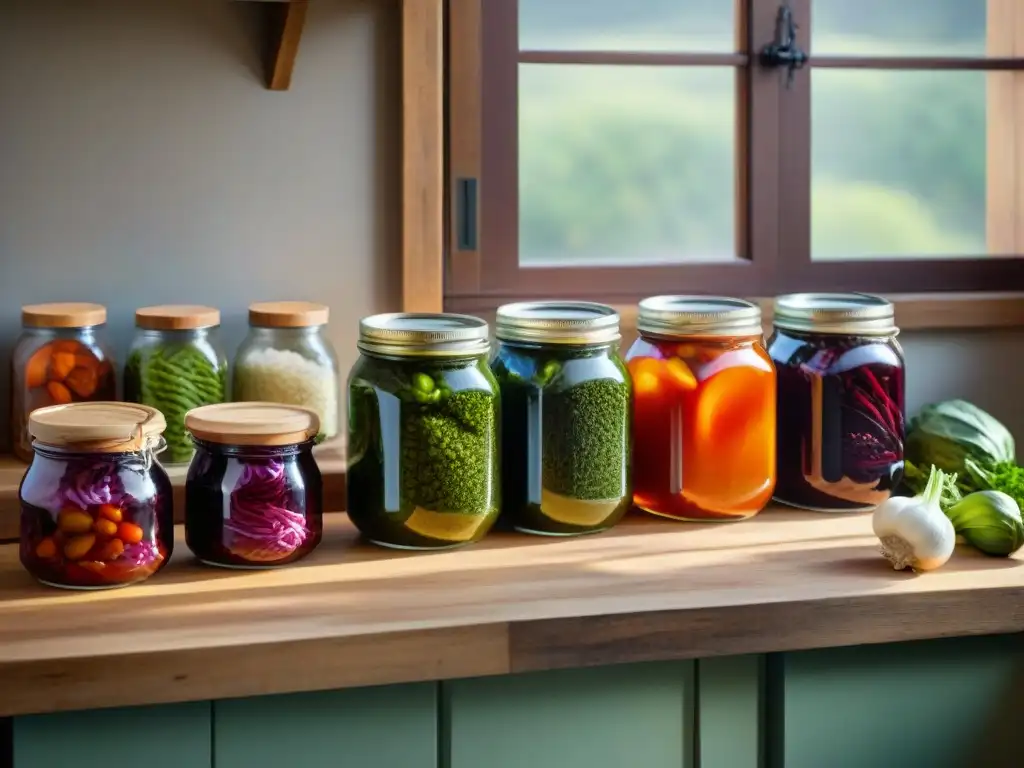 Una mesa rústica llena de frascos coloridos de kimchi fermentado, con repollo rojo y verde, ajos y chiles en salmuera