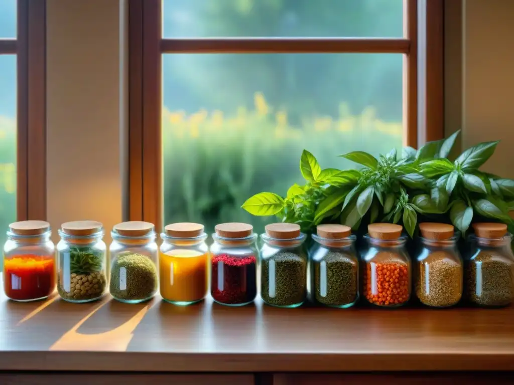 Una mesa rústica llena de hierbas y especias de cocina italiana, bañada por la cálida luz de la tarde