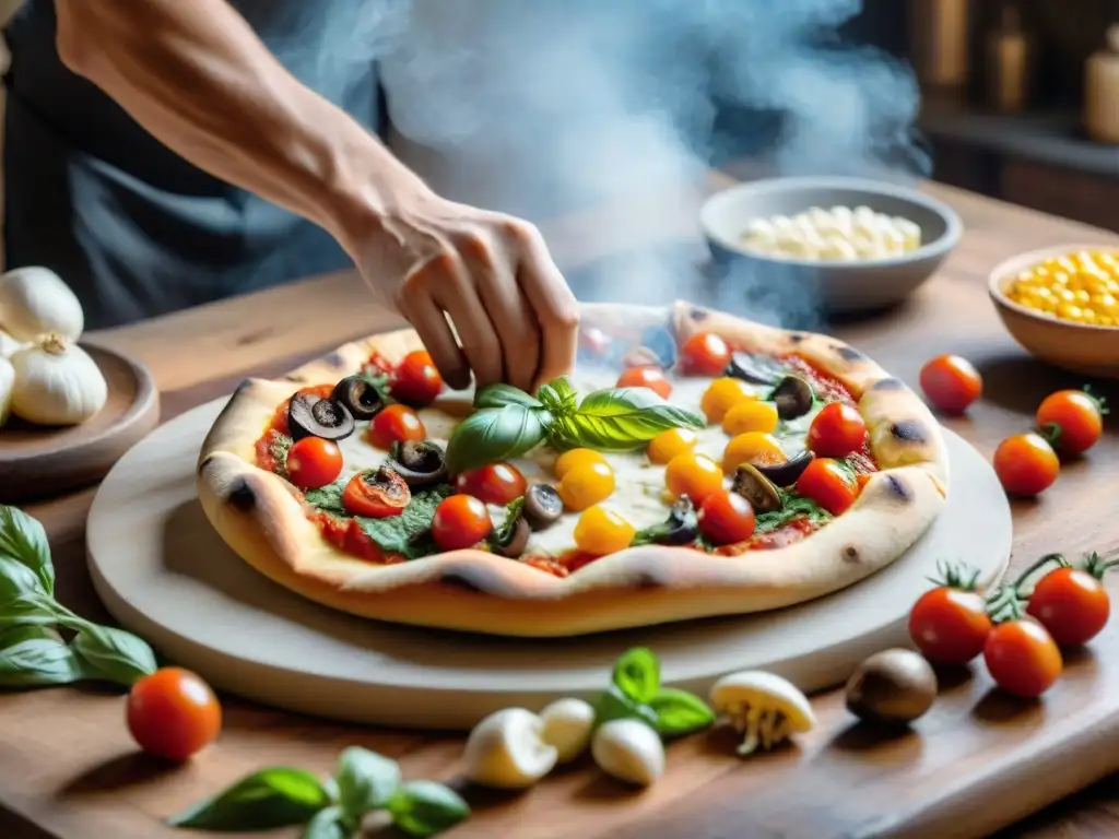 Una mesa rústica llena de ingredientes frescos para hacer pizza