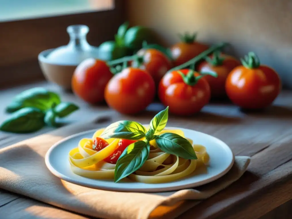 Una mesa rústica llena de ingredientes italianos tradicionales: tomates San Marzano, albahaca, ajo, harina de trigo, aceite de oliva y sal marina