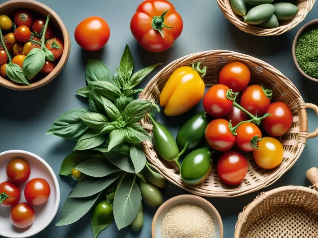 Una mesa rústica llena de ingredientes coloridos de la cocina vegetariana italiana