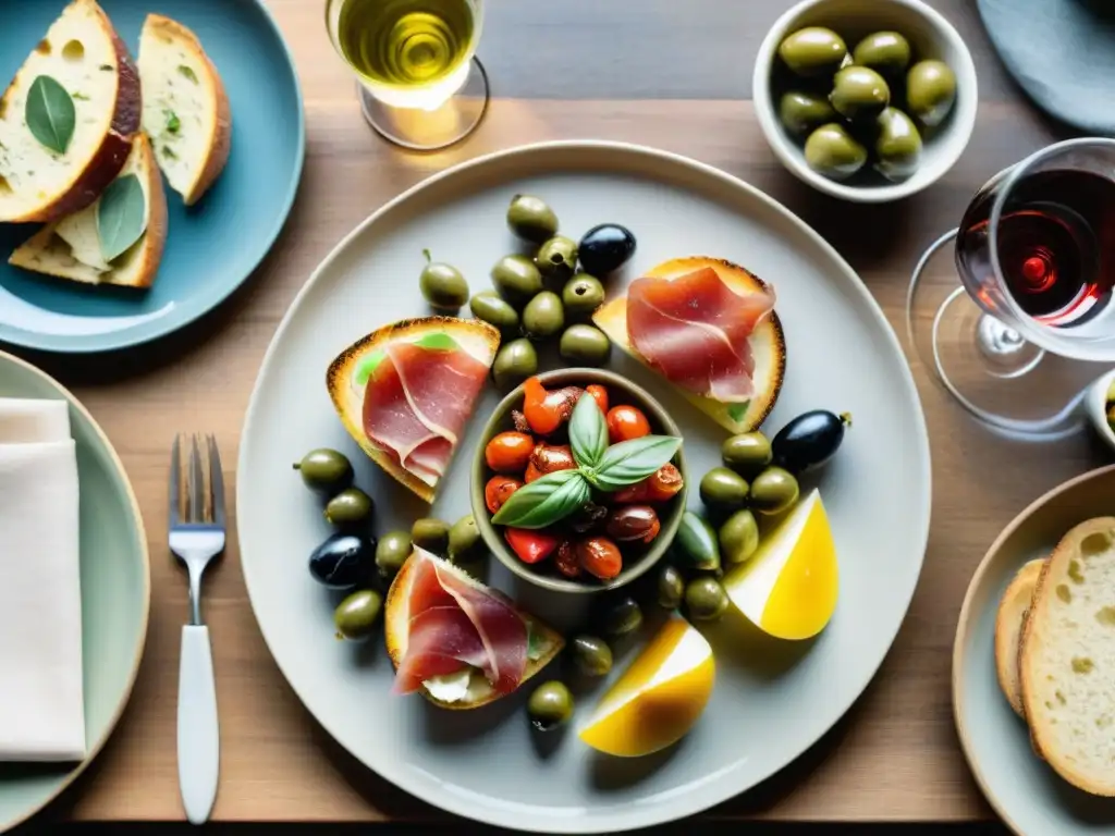 Una mesa rústica llena de antipasti italianos tradicionales, platos vintage y copas de vino