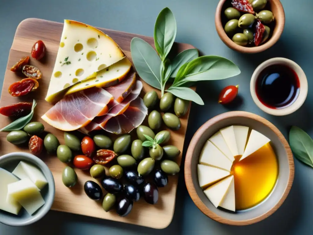 Una mesa rústica llena de antipasti italianos tradicionales y modernos, bañados por la cálida luz del sol