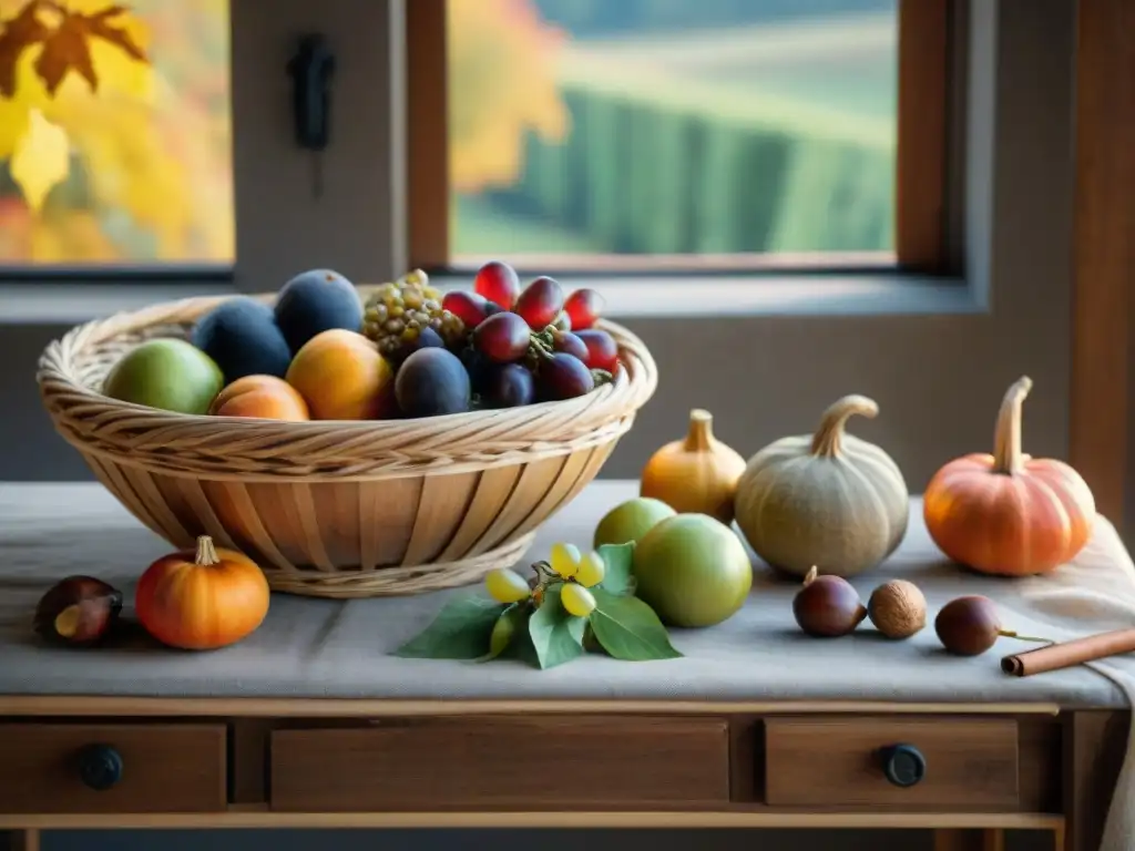 Una mesa rústica llena de productos otoñales coloridos, influencia estaciones cocina italiana