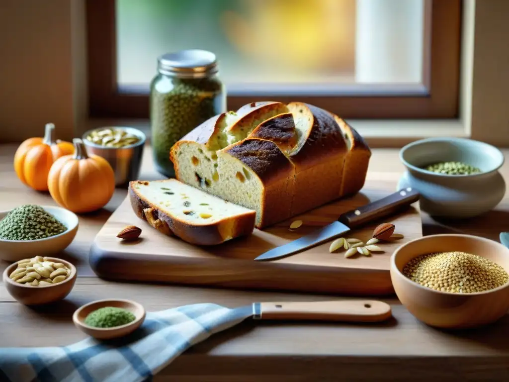 Delicias Italianas: Recetas con Frutos Secos y Semillas Una mesa rústica llena de recetas italianas con frutos secos: pan de nueces, pesto de piñones, biscotti de almendra y semillas