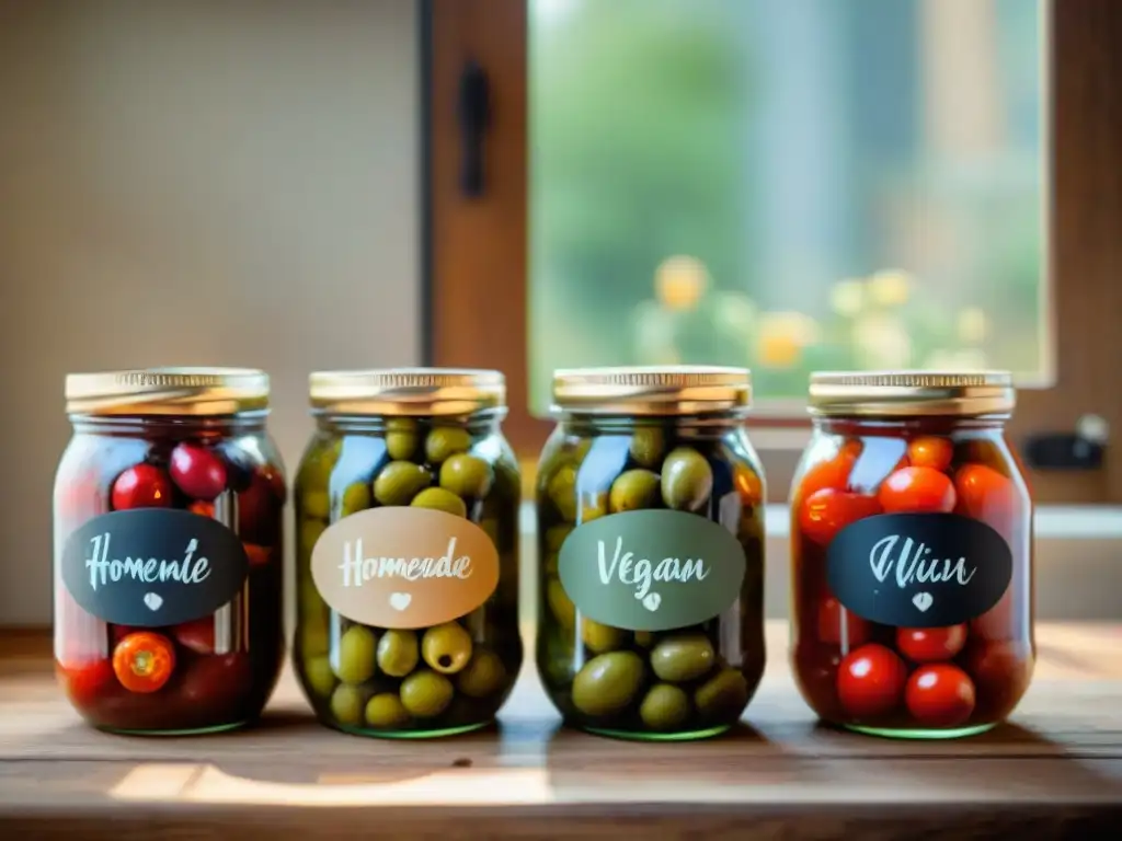 Una mesa rústica llena de tarros de ingredientes veganos italianos fermentados, iluminados por luz natural