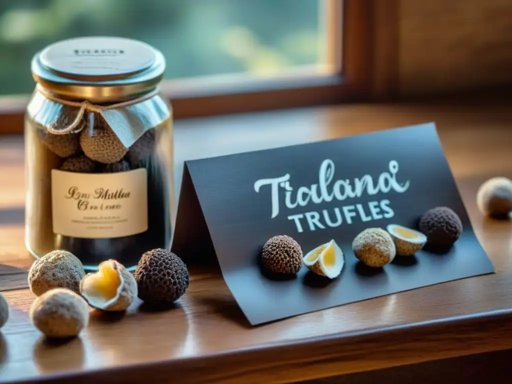 Una mesa rústica llena de trufas italianas gourmet limpias, con etiquetas elegantes a la luz natural