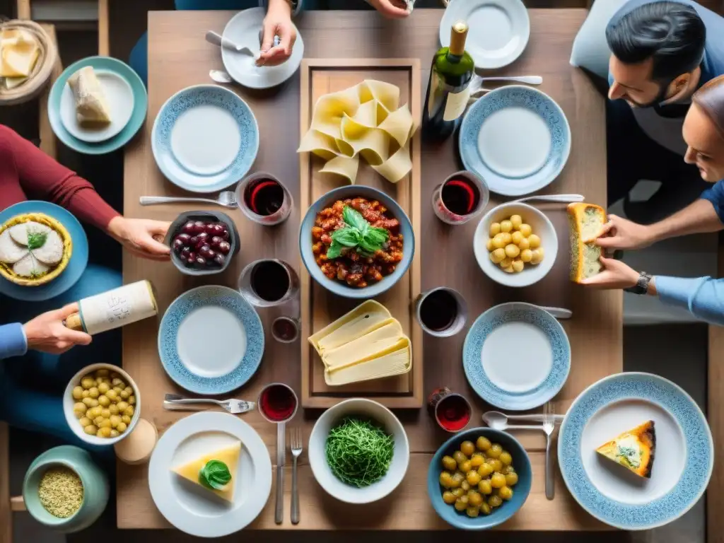 Una mesa rústica llena de vajilla tradicional italiana y comida casera, rodeada de familias italianas disfrutando de una Cena Italiana