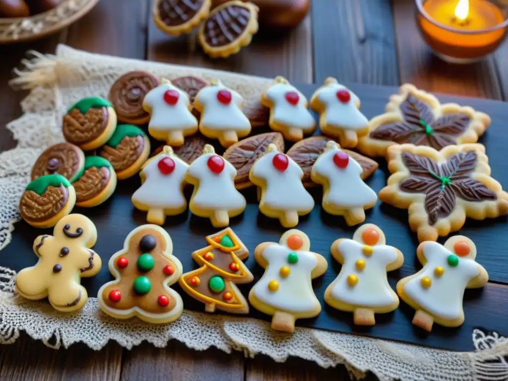 Una mesa rústica llena de variados Mustaccioli italianos, dulces navideños deliciosos