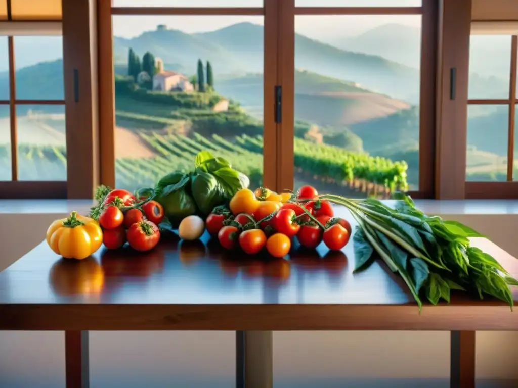Una mesa rústica llena de vegetales frescos en una cocina italiana, con vista a viñedos al atardecer