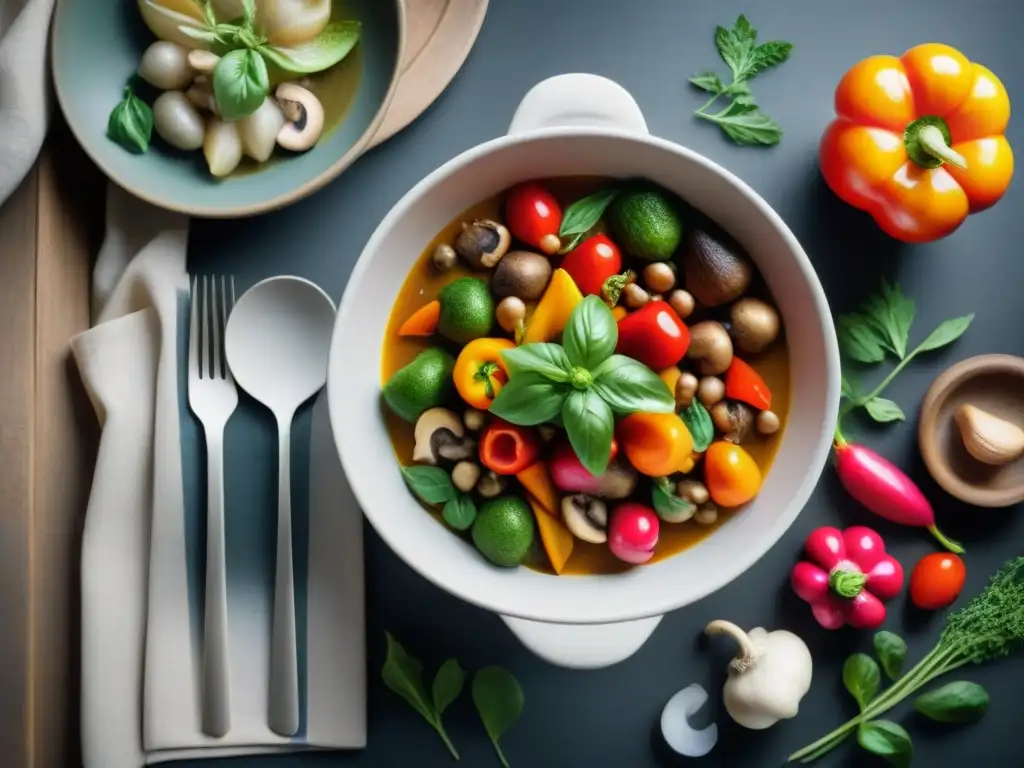 Una mesa rústica llena de vegetales vibrantes y una olla de salsa Bagna Càuda