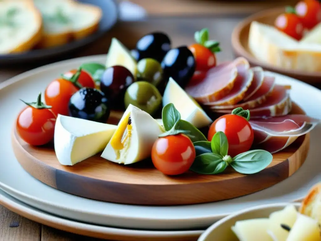 Una mesa rústica de madera con auténticos antipastos italianos, como prosciutto, aceitunas, tomates secos, bruschetta y quesos variados