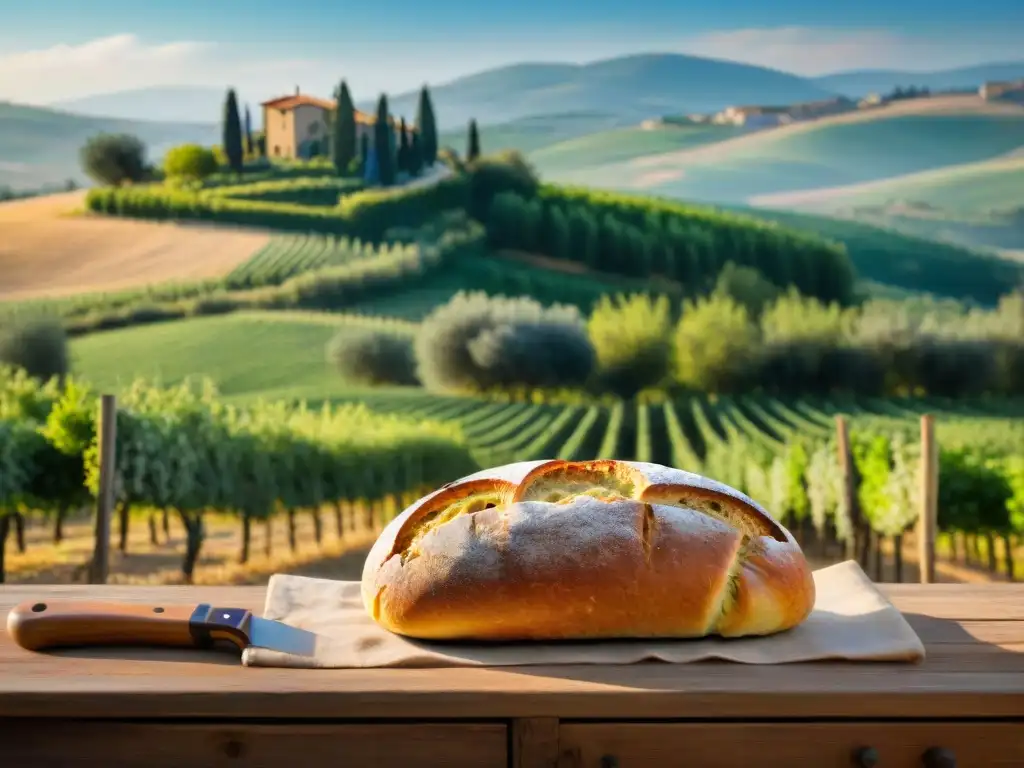 Una mesa rústica de madera en la campiña toscana con una cesta de Pan Sciocco