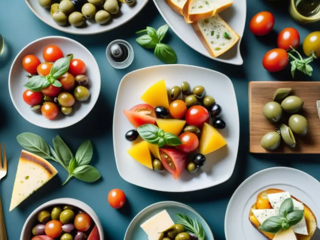 Una mesa rústica de madera con antipasti coloridos: bruschetta, melón con prosciutto, aceitunas, corazones de alcachofa, quesos variados