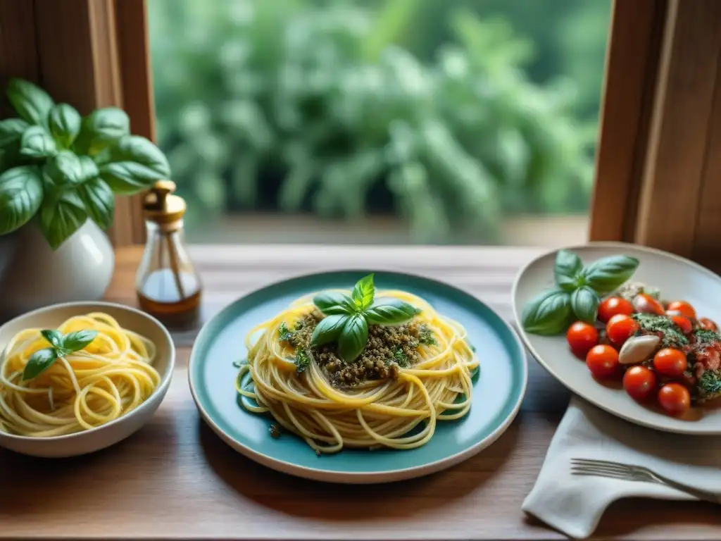 Una mesa rústica de madera decorada con hierbas italianas y platos tradicionales, en una escena iluminada por luz natural