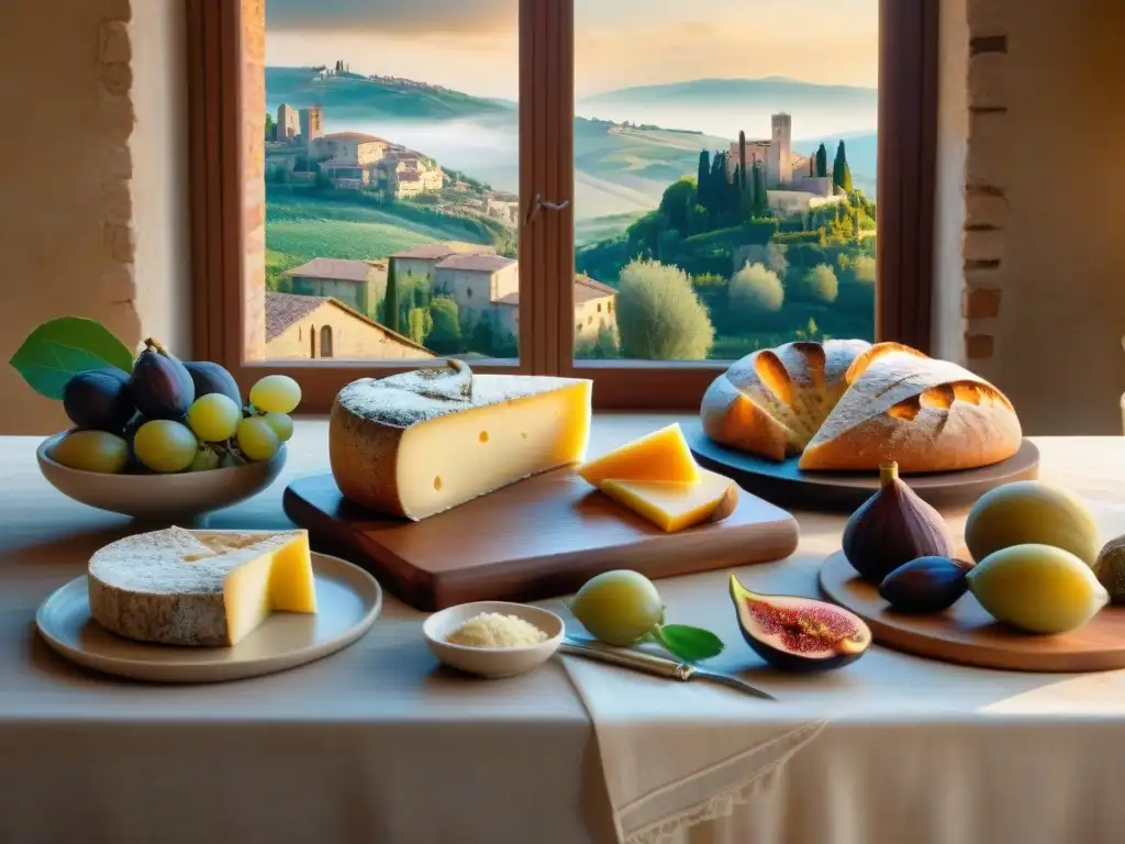 Una mesa rústica de madera finamente decorada con exquisitos maridajes para Vernaccia di San Gimignano, evocando la gastronomía italiana