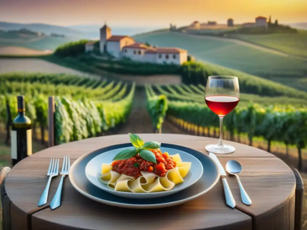 Una mesa rústica de madera está decorada con platos de cocina italiana tradicional y maridajes vinos