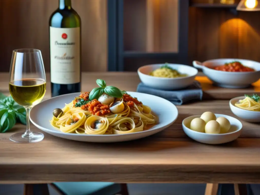 Una mesa rústica de madera con exquisitos platillos de pasta italiana y vinos perfectamente maridados en un acogedor restaurante italiano