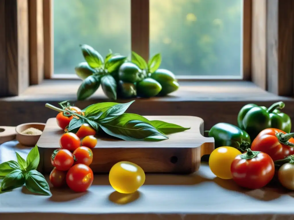 Una mesa rústica de madera iluminada por luz natural, con ingredientes de la cocina italiana tradicional y tendencias