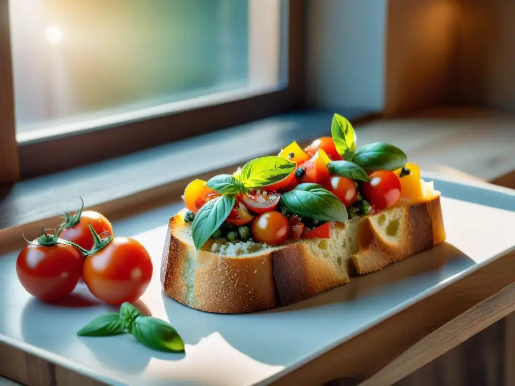 Una mesa rústica de madera con ingredientes frescos para bruschetta: tomates rojos, albahaca, ajo, pan, aceite de oliva y sal marina