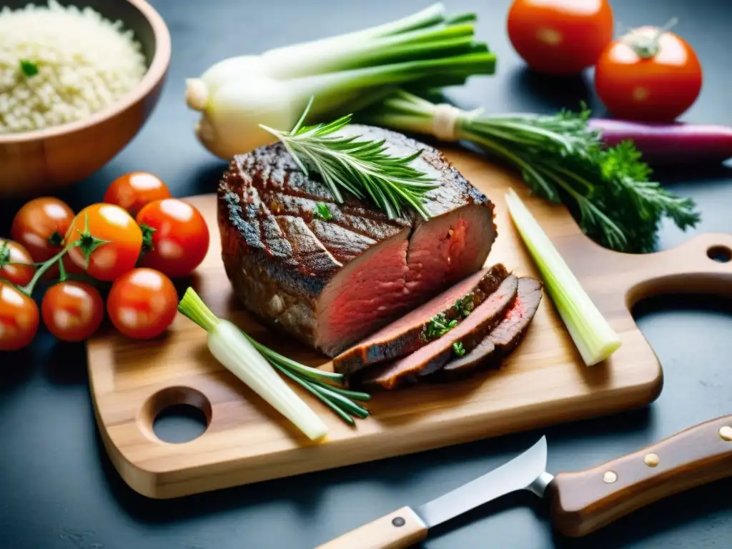 Una mesa rústica de madera llena de ingredientes frescos para el spezzatino: carne, zanahorias, apio, cebolla, ajo, romero y tomates